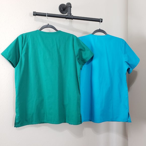 Adar Hunter Green Teal Blue Double Pocket Snap Front Scrub Top Bundle Medium - Picture 9 of 12